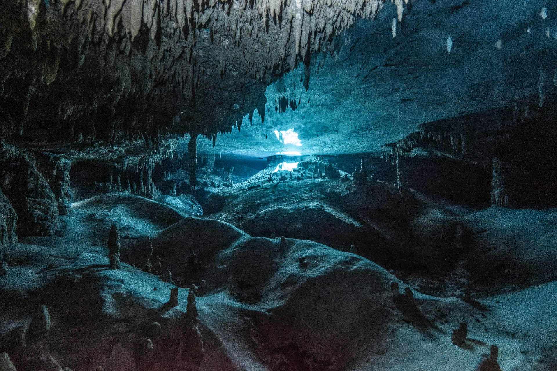 A small group of divers moving slowly past limestone formations in a Tulum cenote